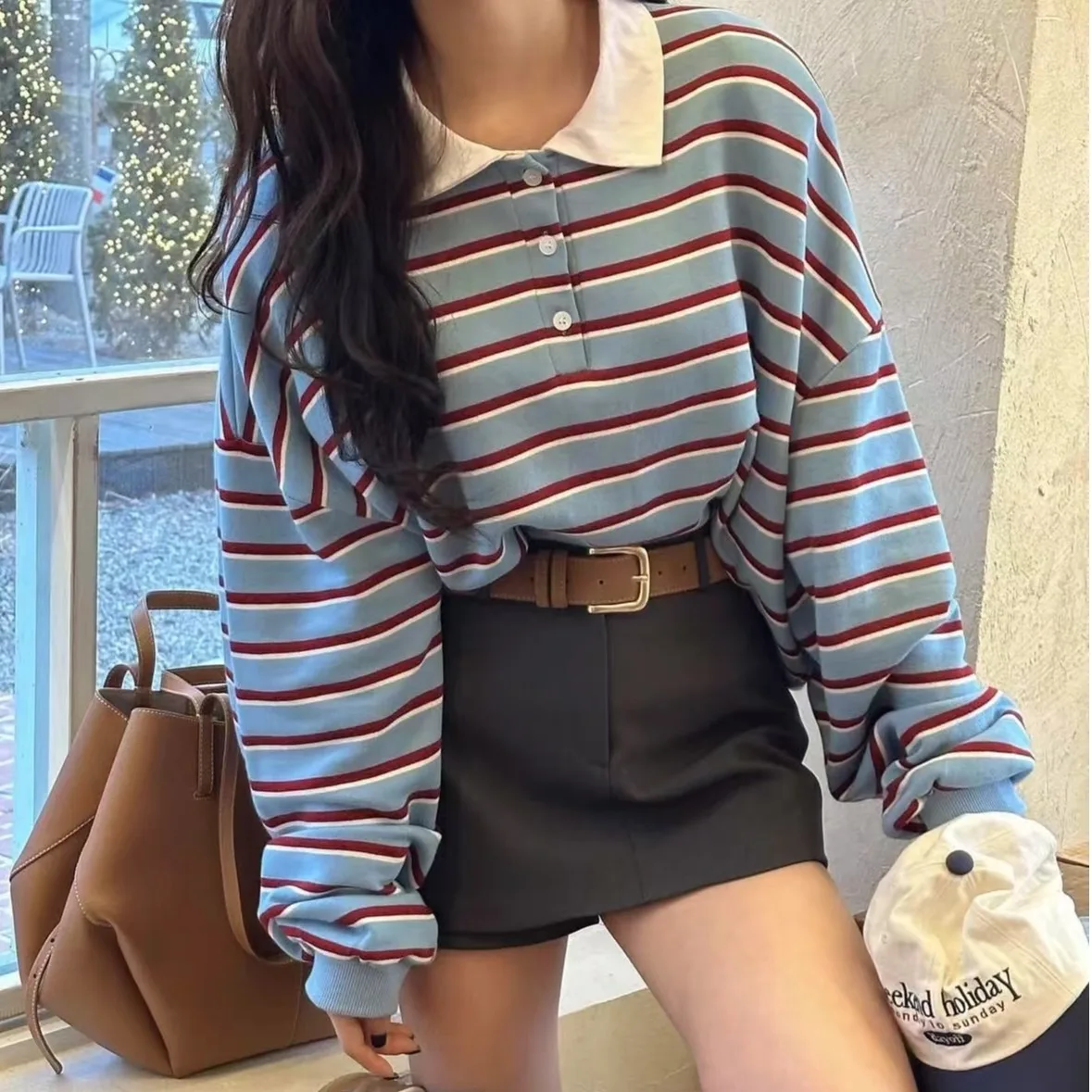 Korean Style Autumn Winter Striped Button up Color Block Thin Hoodie Ladies Casual Long Sleeve T-Shirt Flip Collar Design