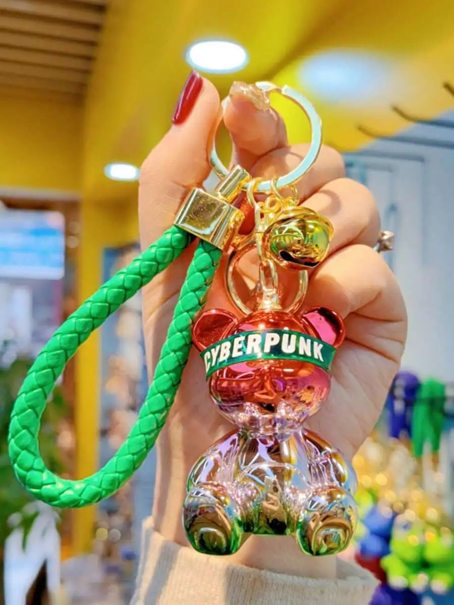 Resin Gradient Sitting Bear Keychain With Green Rope Strap Cyberpunk Design Decorative Accessory For Adults