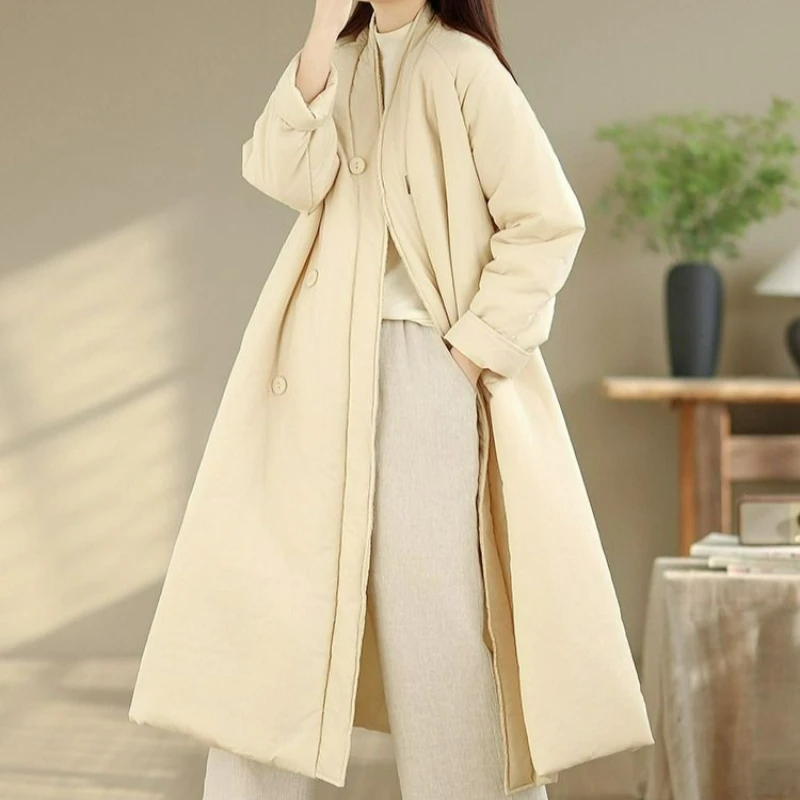 

A Loose Large-sized Thickened Long Cotton-padded Jacket Women A Slanted Lapel V-neck A Cotton-padded Outerwear Warm Windbreaker