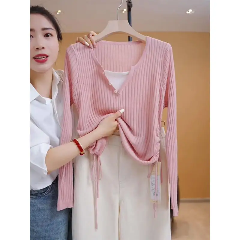 Top slim fit lavorato a maglia rosa da donna all'inizio dell'autunno Nuovo Sle Side Dstring Faionable Beautiful Base irt Maglione V-ne Lungo...