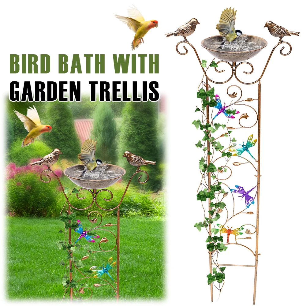 

Garden Trelli Bird Bath Metal Outdoor Bird Bath Feeder Decorative Bird Shower Bowl Potted Plants Support for Climbing Flowers