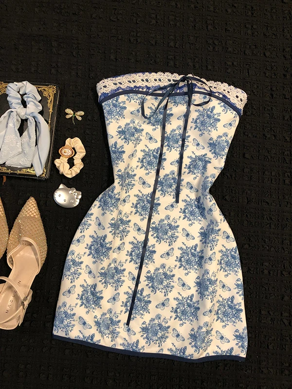 Vestido Tubo Boho de Um Ombro para Mulheres, Estilo Vintage Floral de Verão, Saia de Manga Curta em Mistura de Aodão, Silhu...
