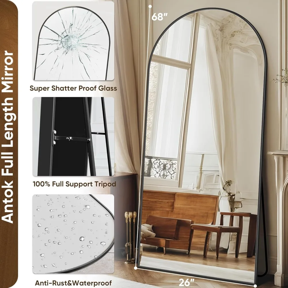 Übergroßer Bodenspiegel, 26 x 68 Bogenstil für Schlafzimmer, Wohnzimmer und Garderobe, schwarzer Rahmen, durchgehender Ständer