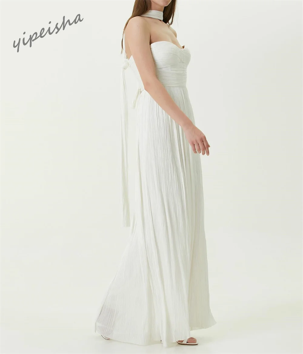 Customized  Exquisite Halter A-line Evening Dresses Ribbon Trim Knot Vertically Chiffon Customized  es