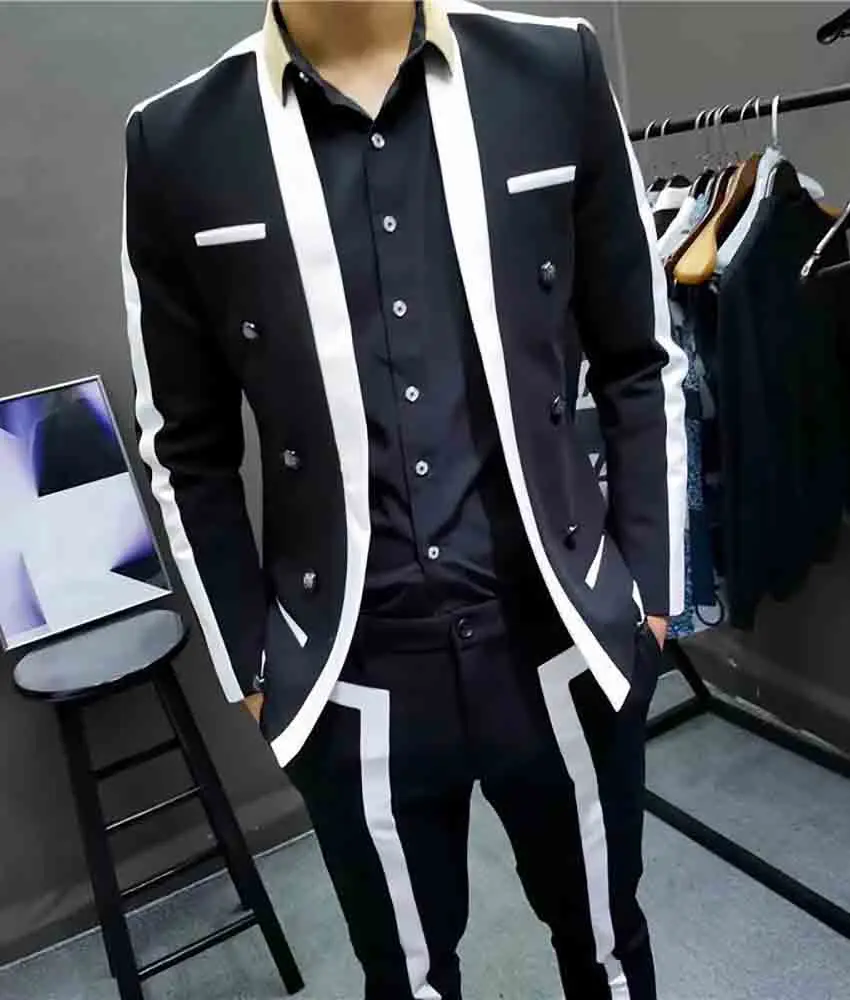 

Men's 2-Piece Contrast Trim Double Breasted Suit Set for Wedding, Prom, Party and Stage Wear with Blazer and Pants