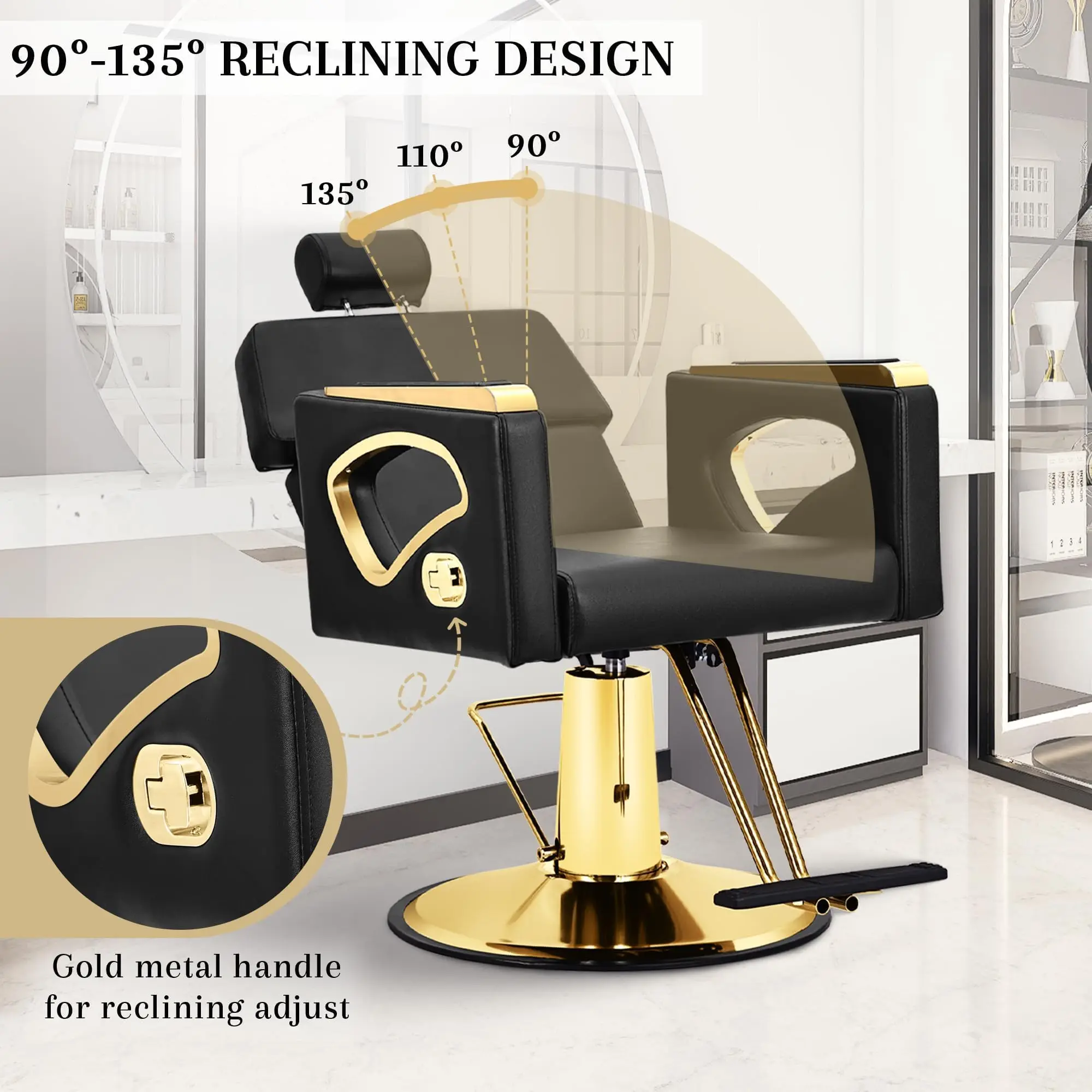 كرسي صالون الحلاقة لمصفف الشعر، كراسي صالون للاستلقاء مع مضخة هيدروليكية، 360 درجة °   معدات التجميل لتصفيف الشعر في سبا دوارة
