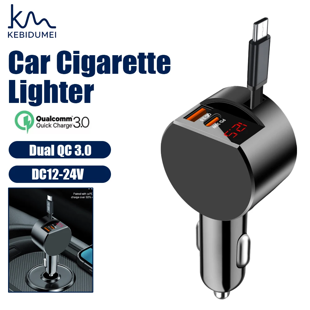 

KEBIDUMEI 78W 2Port Car Charger 3in1 USB Type-C Power Adapter Fast Charging PD30W QC3.0 Cigarette Lighter Socket Car Accessories