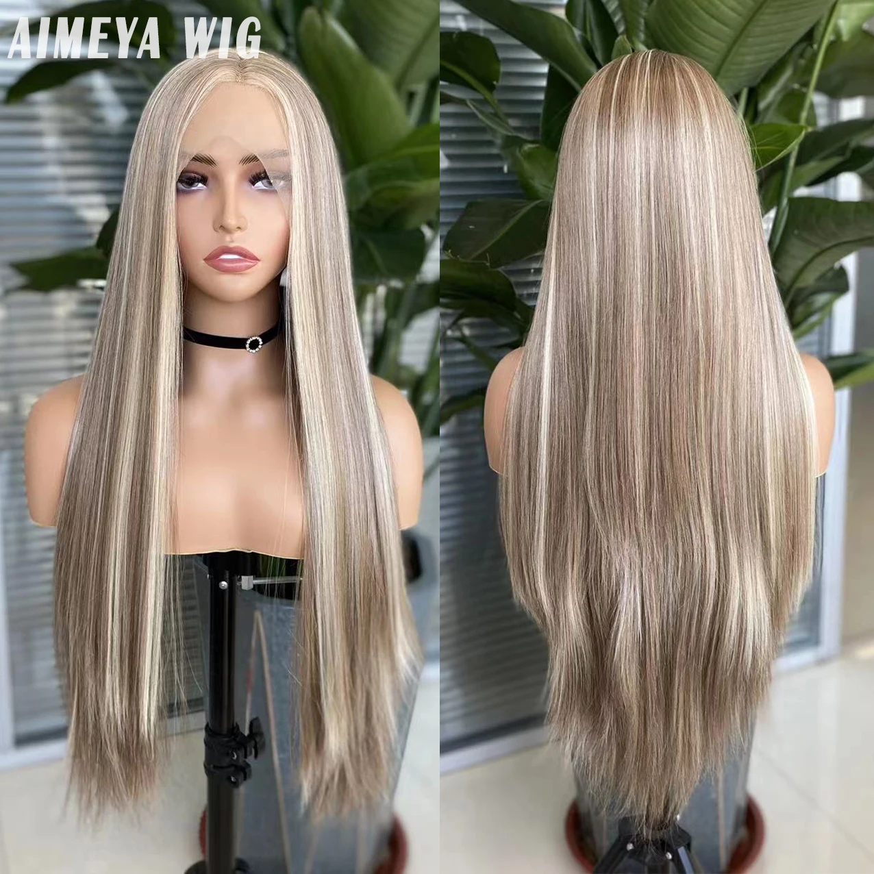 AIMEYA Blonde Highlight Wigs Synthetic Lace Front Wig  Silky Straight Natural Hairline Wigs for Women Synthetic Hair Wig