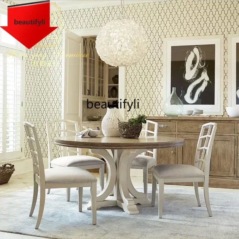 Q181 lbAmerican country solid wood dining table and chair combination European style Mediterranean round table small apartment