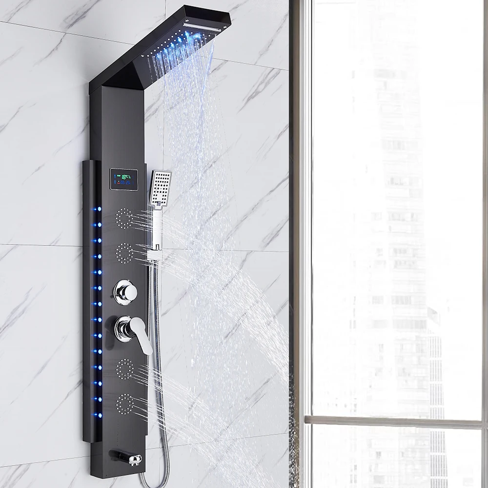 LED Shower Panel Tower System Rain Waterfall Shower Column Temperature Display With Massage Body Spa