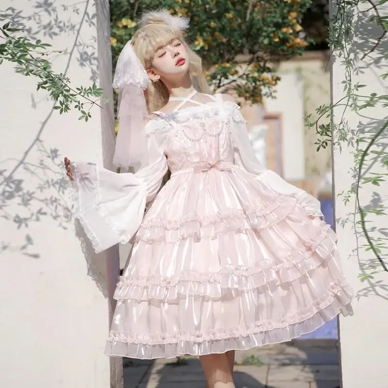 

MAGOGO Lolita Jsk Maxi Dress For Women Sweet Cute Bow Three Segments Ruffles Cake Dress Solid Party Wedding Lolita Strap Dress