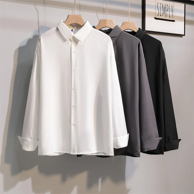 Premium Feel Long Sleeve Ice Silk Shirt Men's Thin Loose Fit Summer Youth Fashion Sharp Collar No Iron Treatment Casual Shirt