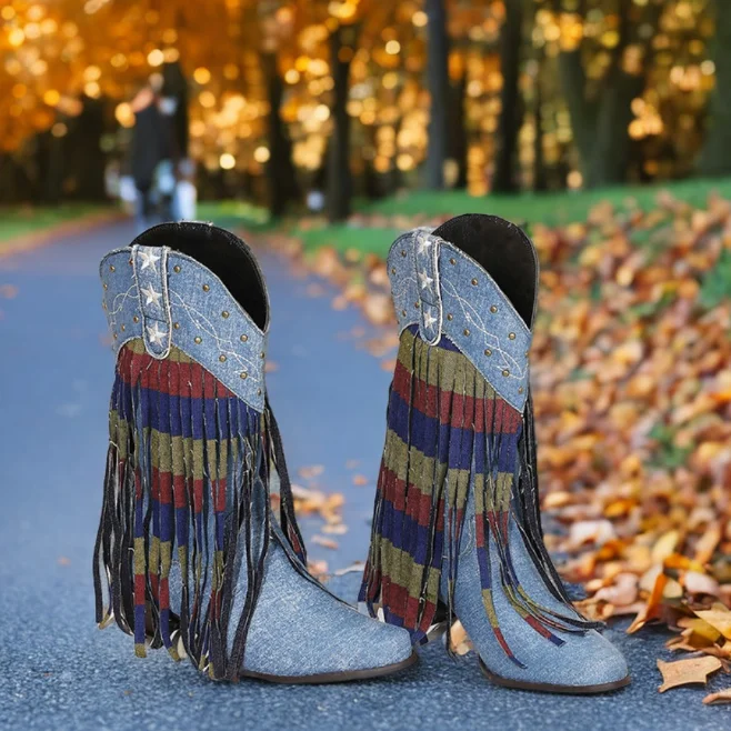 

Medieval Vintage Rivet Design and Color Fringe Embroidery Low Heel 5CM Comfortable Knight Boots in The Tube Boots