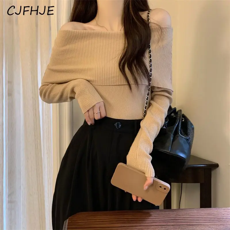 CJFHJE Fashion Slash Neck Strapless Sweaters Woman Casual Bottoming Chic Pullovers Female Korean Coffee Long Sleeve Tops Winter