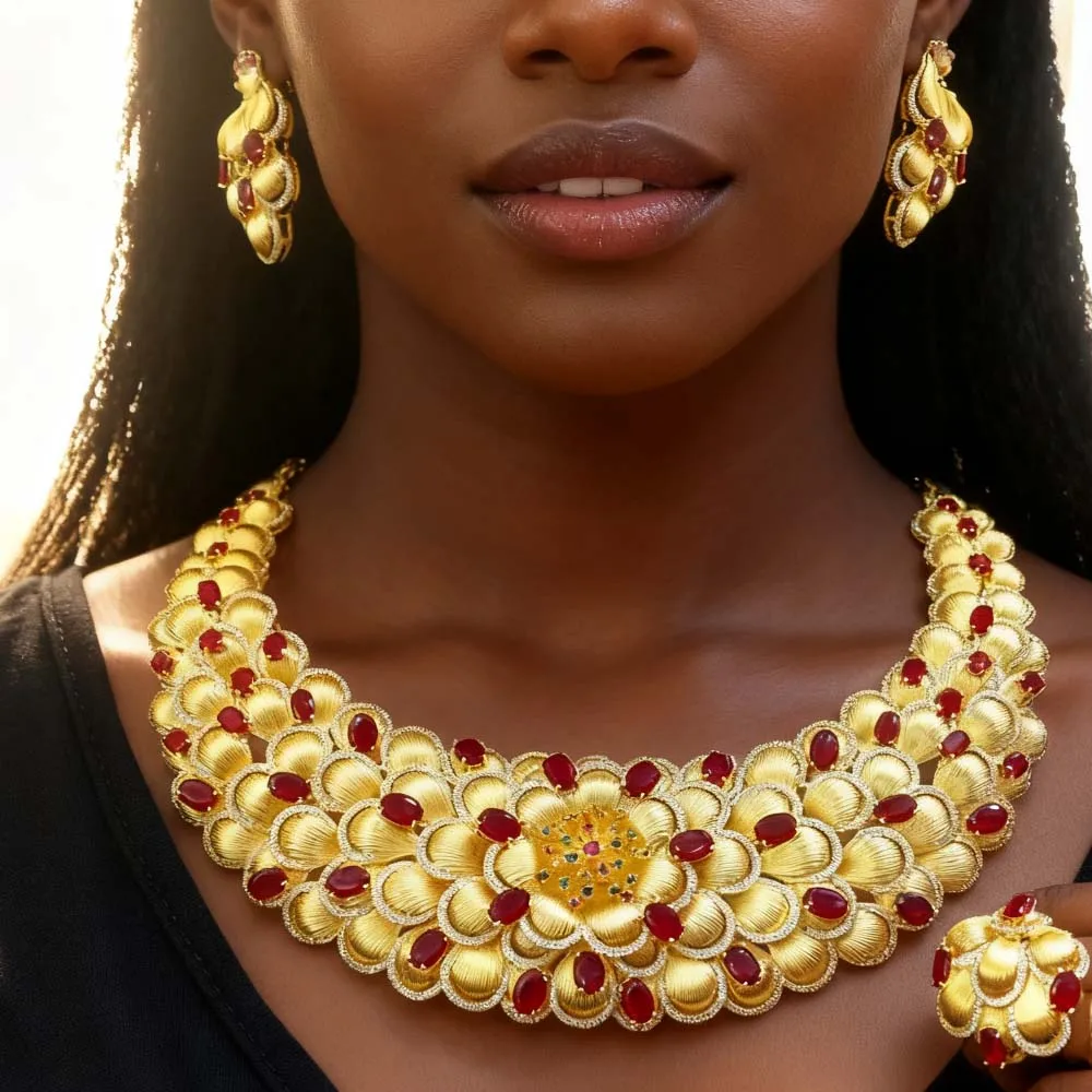 Missvikki Africa Dubai Women Wedding Bridal Jewelry Set Luxury Big Charm Flower Necklace Bracelet Earrings Ring Jewelry Sets
