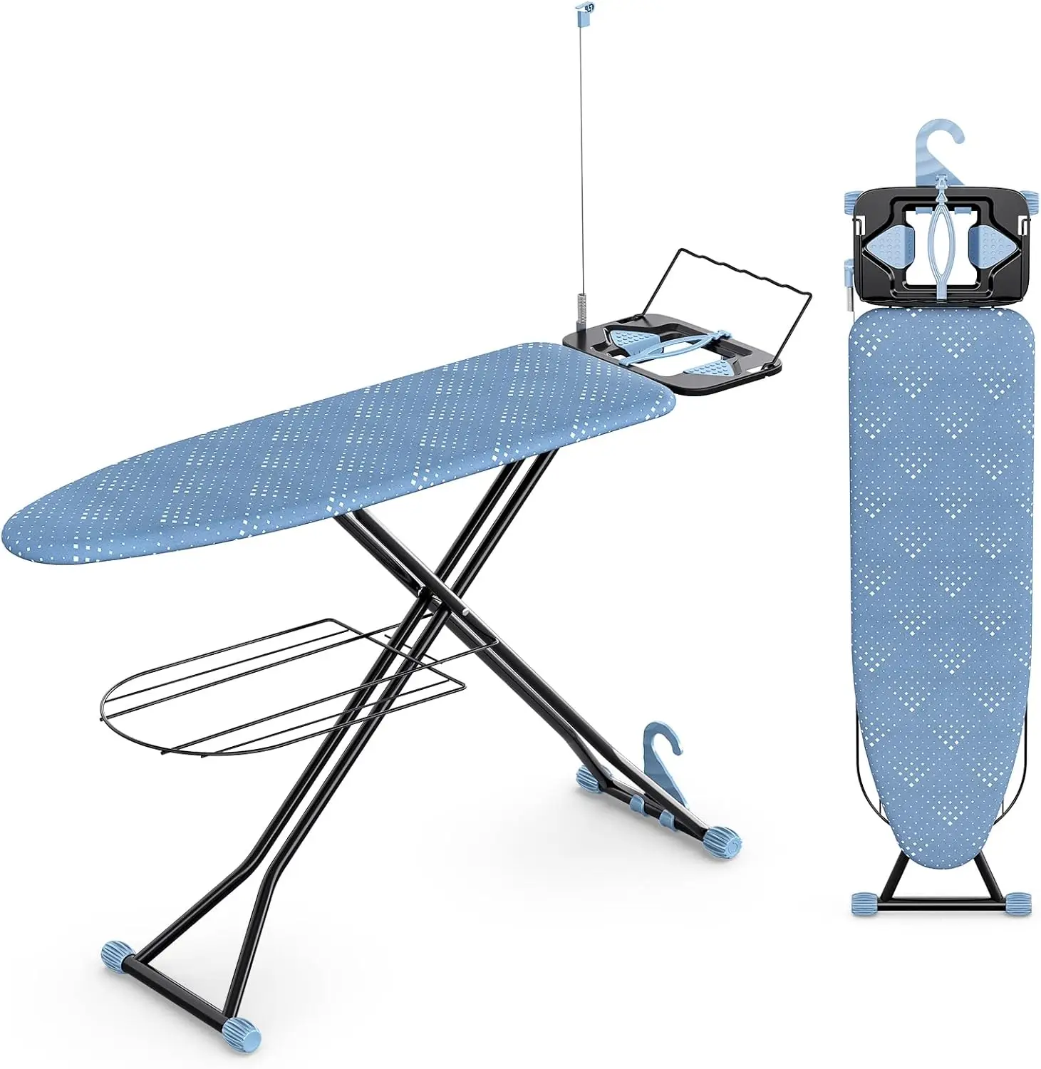 

Compact Full-Size Ironing Board with Thick Cover, Adjustable Height Stand, Hanger & Storage Tray in Blue