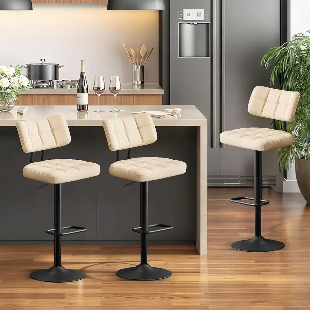 

Set of 3 Leather Upholstered Swivel Bar Stools with Back, Adjustable for Counter Height or Kitchen Island, Beige