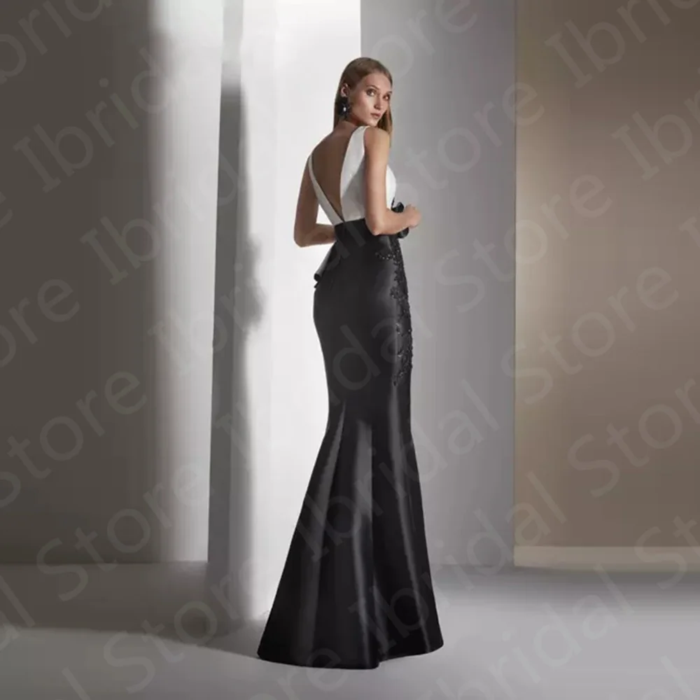 Charming Contrast Color Mother of the Bride Dress Black Mermaid  Dresses Sleeveless Wedding Party Gowns Back Out Appliqued