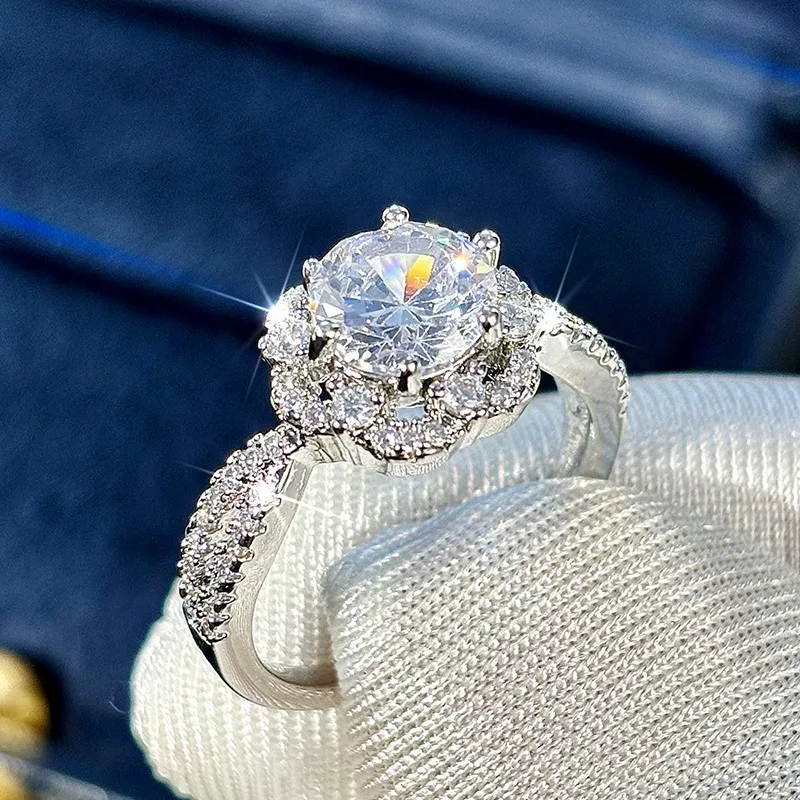 Luxury Female Jewelry 925 Sterling Silver Large Round Cut White Flower CZ Zircon Couple Rings for Women Wedding Bridal Ring Gift