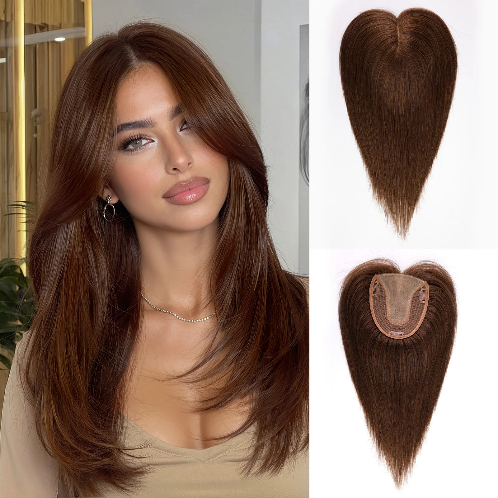 

Коричневый 12-дюймовый прямой шелковый топ из натуральных волос с заколками для челки, 100% шиньоны Remy для женщин, топперы для волос, женские