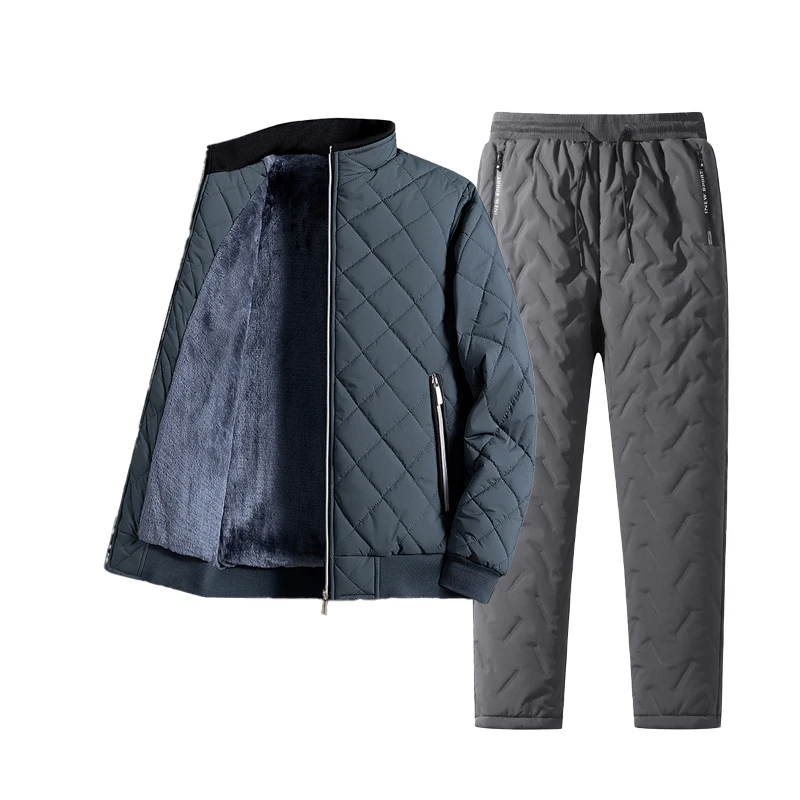 Mens Winter Warm Quilted Fleece Lined Tracksuit Set Full Zip Fleece Jacket and Sweatpants with Zip Pockets Men's Thermal Parka - view 3