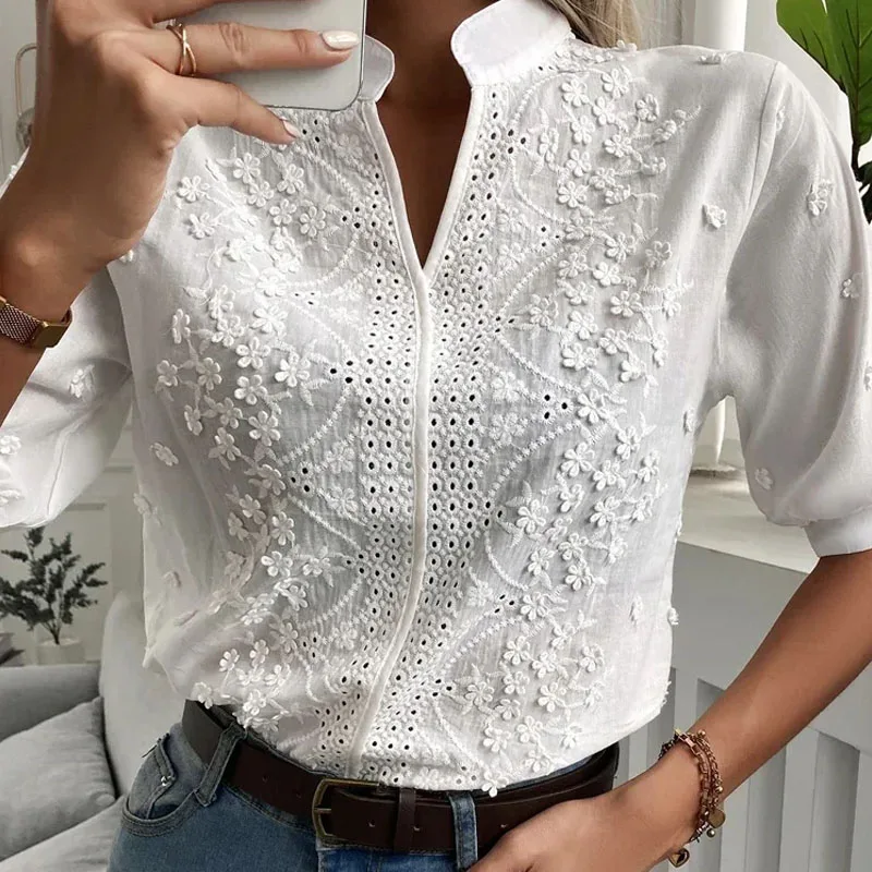 Cotton Tops Floral Embroidery Lace Blouse Women Summer Elegant Short Sleeve Hollow-out Stand Collar V Neck Casual Shirt 24350