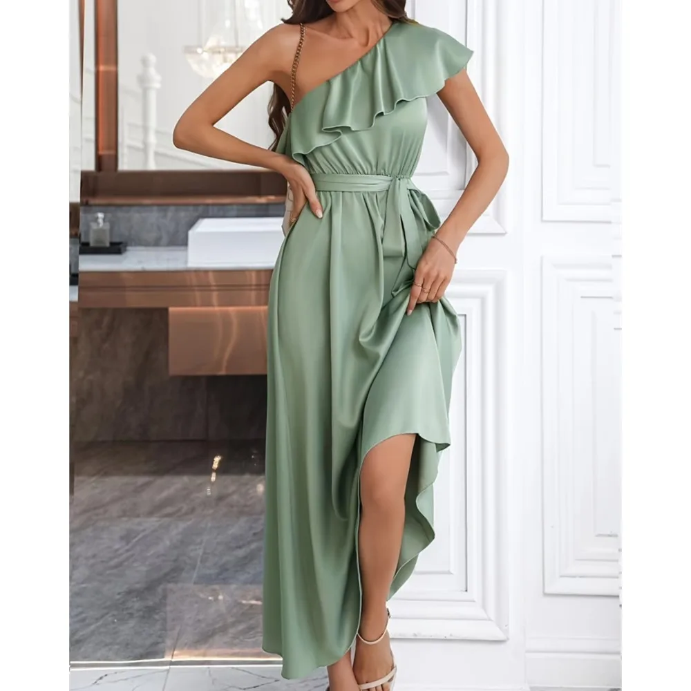 Elegancka damska satynowa długa sukienka na ramiączkach Party Dress 202, wiosna/lato, damska wzburzona, łączona sukienka na jedno ramię