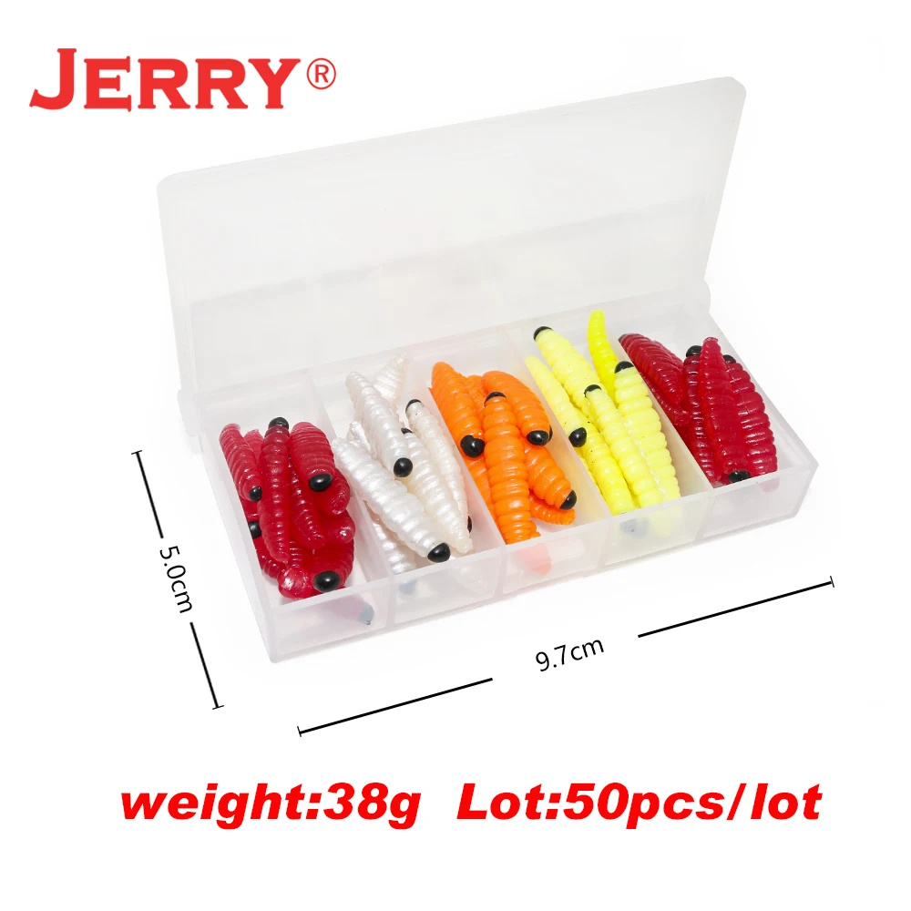 Jerry 50pcs Rainbow Trout Bait Silicone Worms Insect Larvae Soft Artificial Fishing Lures Kit