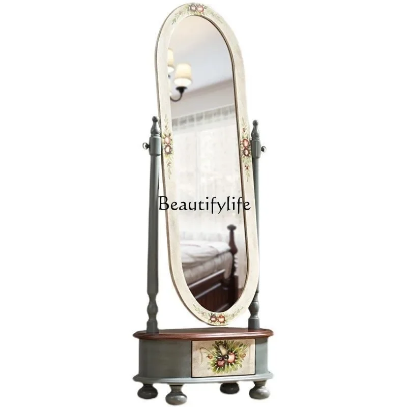 

lAmerican full-length mirror solid wood full-body floor mirror retro simple rotating mirror