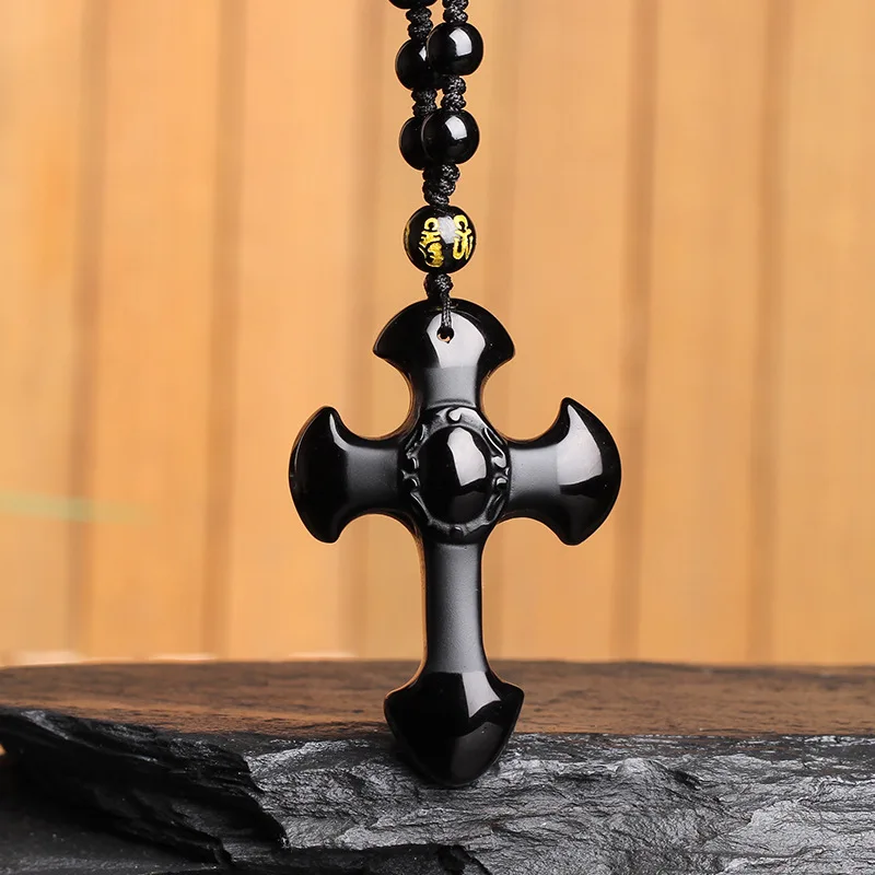 Drop Shipping Natural Black Obsidian Carved Cross Lucky Pendant + Beads Necklace for Woman Man Crystal Jade Charm Gift Jewelry