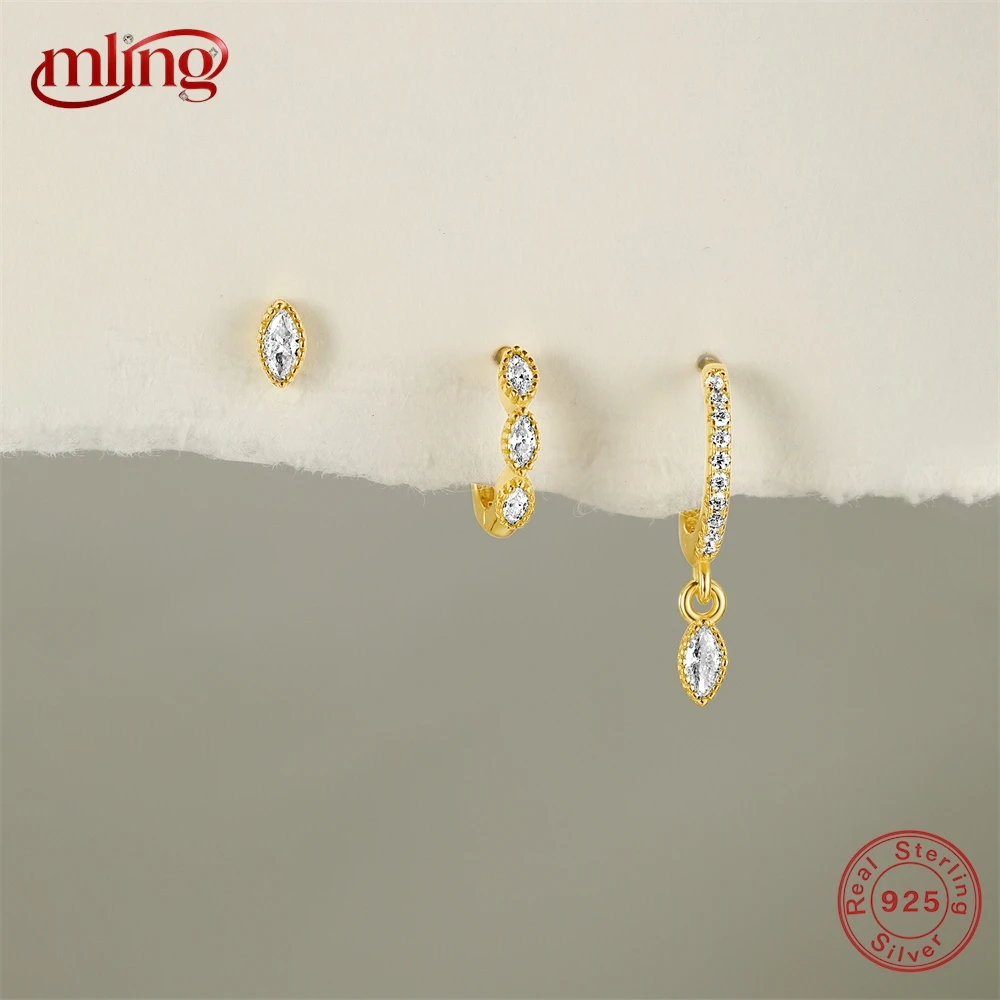 

MLING 3PCS Set 925 Sterling Silver Classic Horse Eye Zircon Elliptical Pendant Hoop Earrings For Women Hypoallergenic Earrings