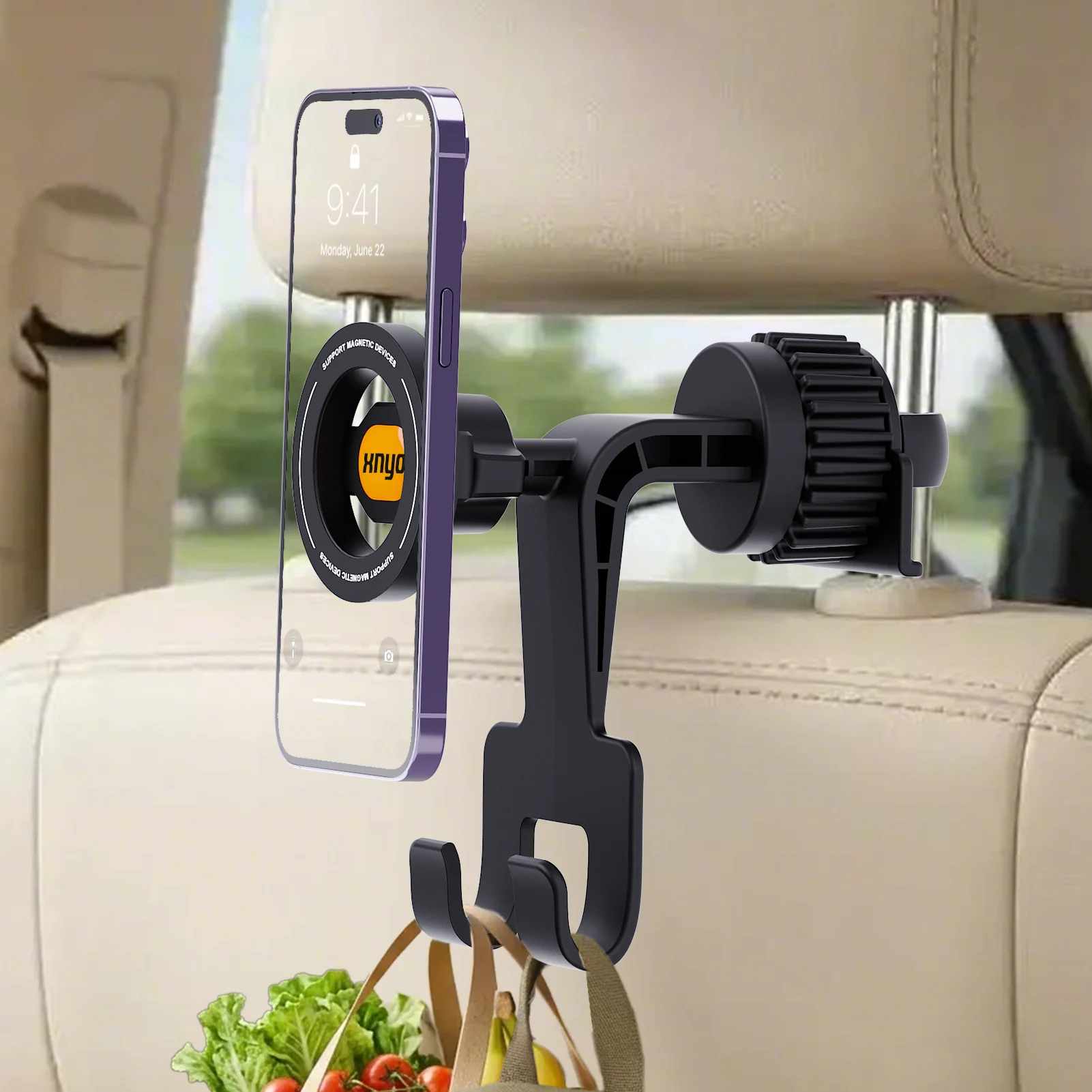 Magnetische Auto-Rücksitz-Kopfstützen-Handyhalterung mit Aufbewahrungshaken Auto-Rücksitzhalterung für iPhone MagSafe Smartphone