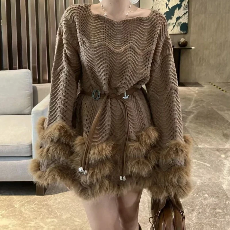 

Belt and Waist Collection Knitted Dress for Women 2025 New Style Spliced with Exquisite Fur Fur Dress