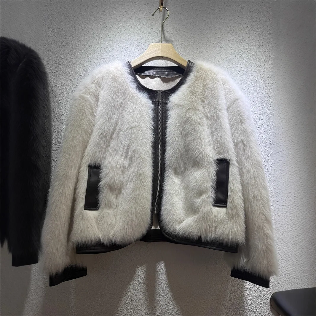 Faionable Pelz Patchwork Abnehmen Trendy Damen Jaet Motorrad Sle ort Leder Pelz Simulation Frühling 2025,