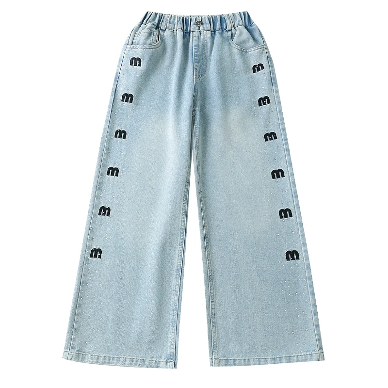 2026 Spring and Autumn New Girls Jeans M  Bright Diamond Wide Leg Pants for Middle and Large Children 5-15 Years Old Fashion