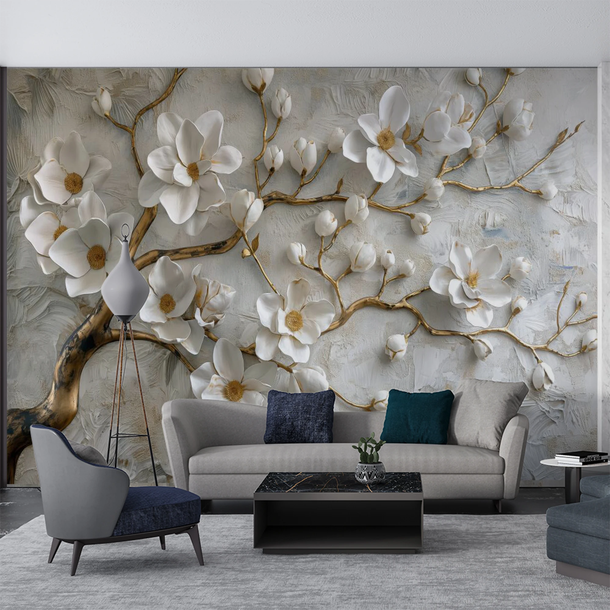 Custom Luxury 3D Floral Wall Mural White Magnolia Gold Branch Wallpaper for Living Room Bedroom TV Background Decoration