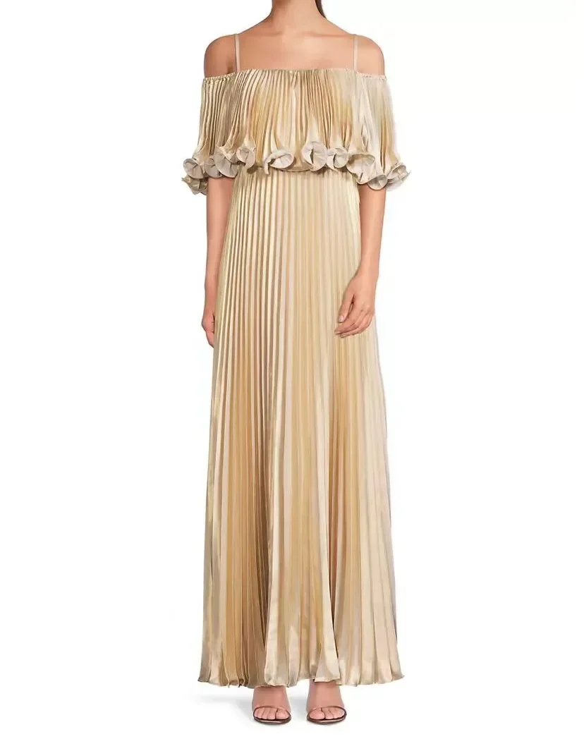 

Women Party Maxi Dress Sexy Slash Neck Metallic Pleated Long Event Dress