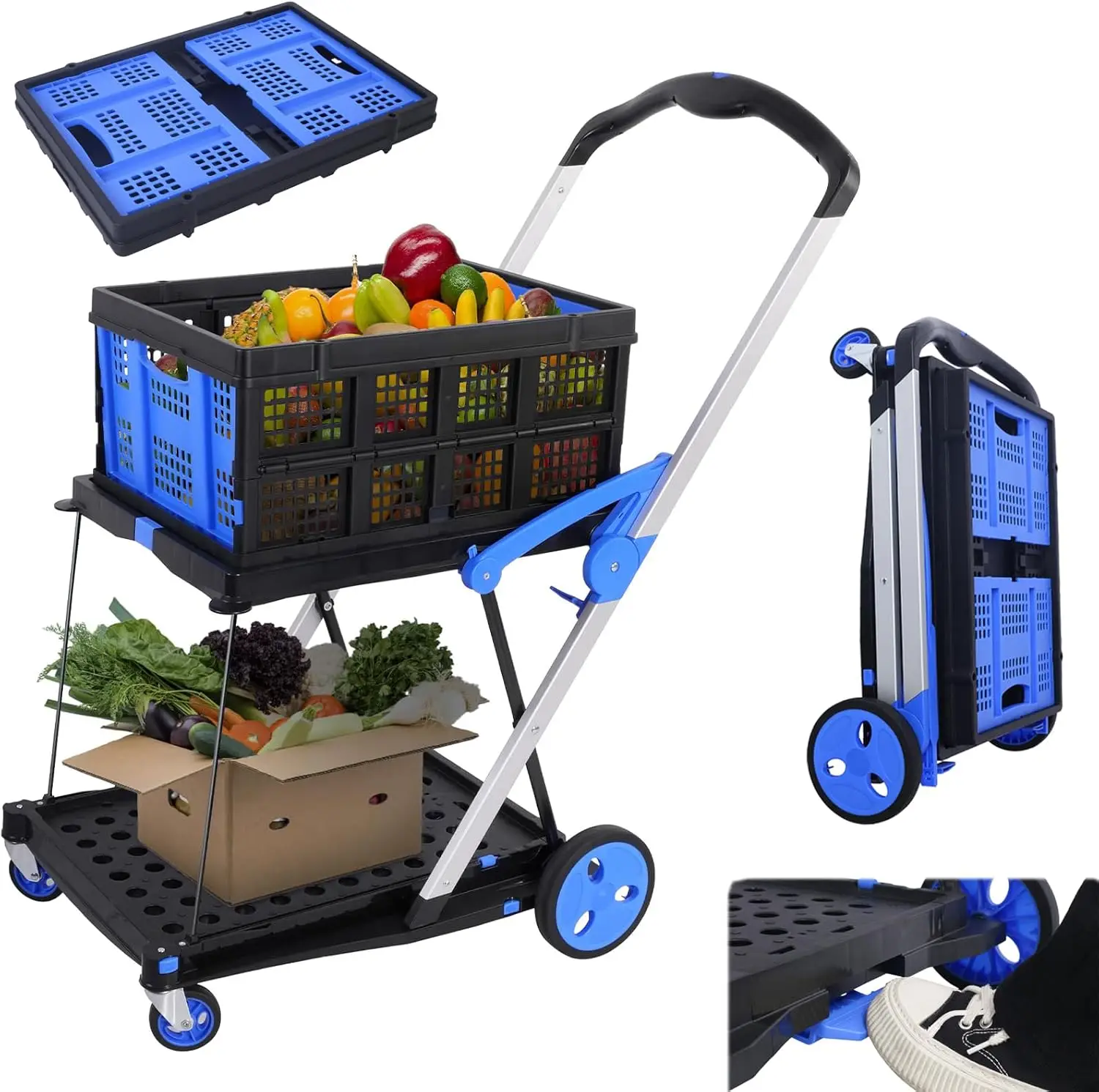 Collapsible Shopping Cart with Removable Bins Mobile Folding Foldable Shopping Rolling Cart for Groceries Wheeled