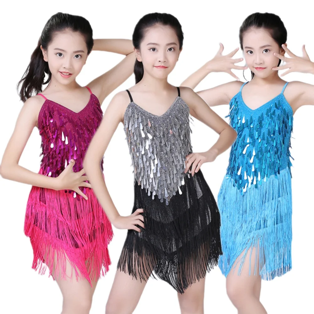 Girl's Sequin Tassel Latin Dress Dance Costume Sparkling Kids Ballet Tango Rumba Dancewear Children Performance Costume