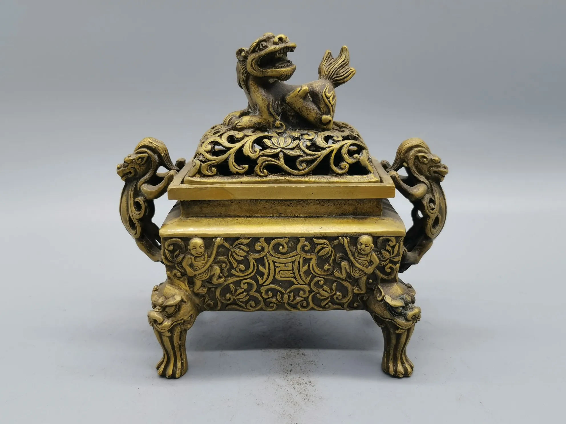 

Large Tripod Chinese Bronze Silver-Plate Mythical Wild Animal Incense Burner