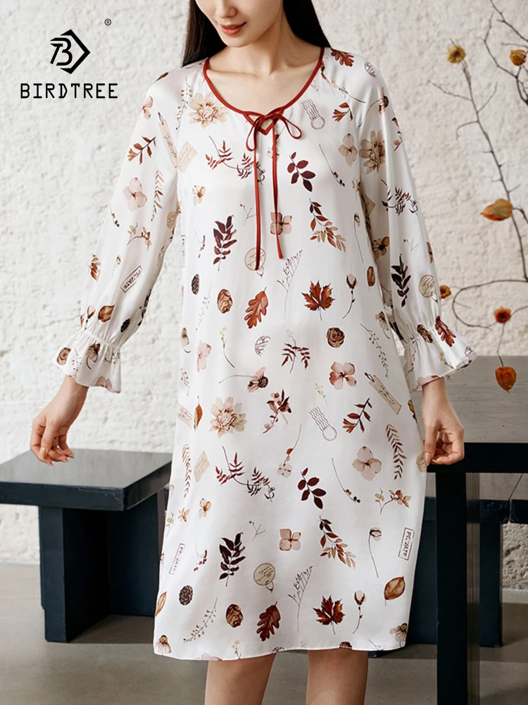 

BirdTree, 100%Mulberry Silk Elegant Nightgown, Women Long Sleeve Printed, Soft Sweet Pajama Dress, 2024 Summer Autumn P47659QC