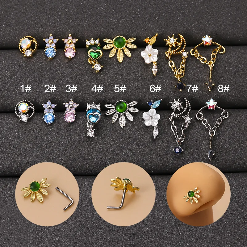 1Piece Multicolor Zircon L Shape Nose Studs Ring Heart Flower Star Moon Pendant Nose Stud Stainless Steel Nose Piercing Jewelry