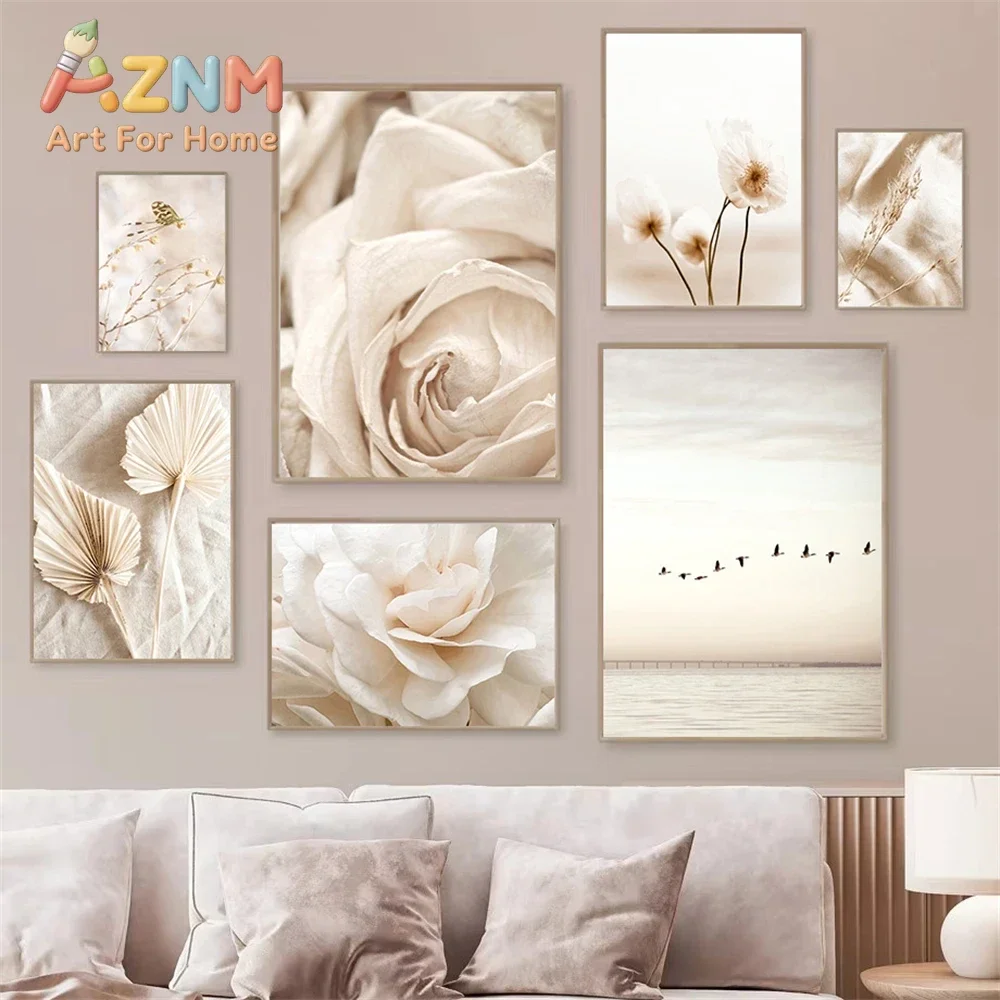 AZNM Beige Dried Flower Canvas Wall Art Neutral White Rose Reed Butterfly Sea View Boho Floral Art Print Unframed Canvas Poster