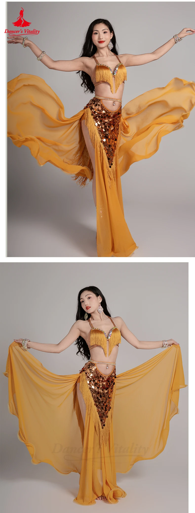 Bauchtanz-Set für Damen, individuell gestaltet, für Senioren, AB-Steine, Quasten-BH + Pailletten-Chiffon, langer Rock, 2-teiliges Bauchtanz-Performance-Kostüm – Detail 8