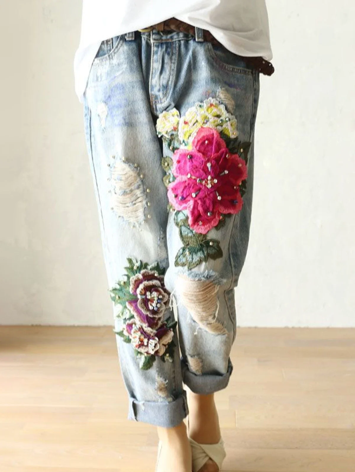 

Fashion American Retro Floral Embroidery Jeans Woman High Street Denim Pants Straight Trousers Streetwear Female Loose Jeans