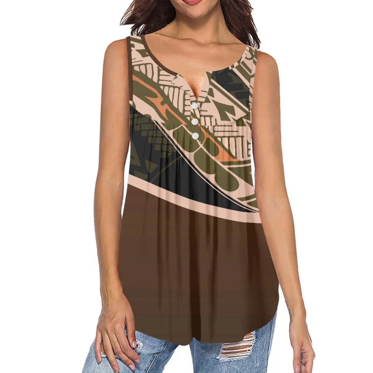 Women's Fashion Sleeveless Low Neck Pleated Vest Samoan Tribes-Designed Printed T-shirt Casual Comfort Everyday Home Wear