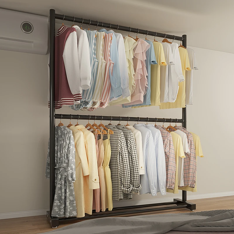 Double Layer Floor-Mounted Clothes Drying Rack Bedroom Simple Space-Saving Balcony Single Rod Clothes Storage Rack Ground Sup...
