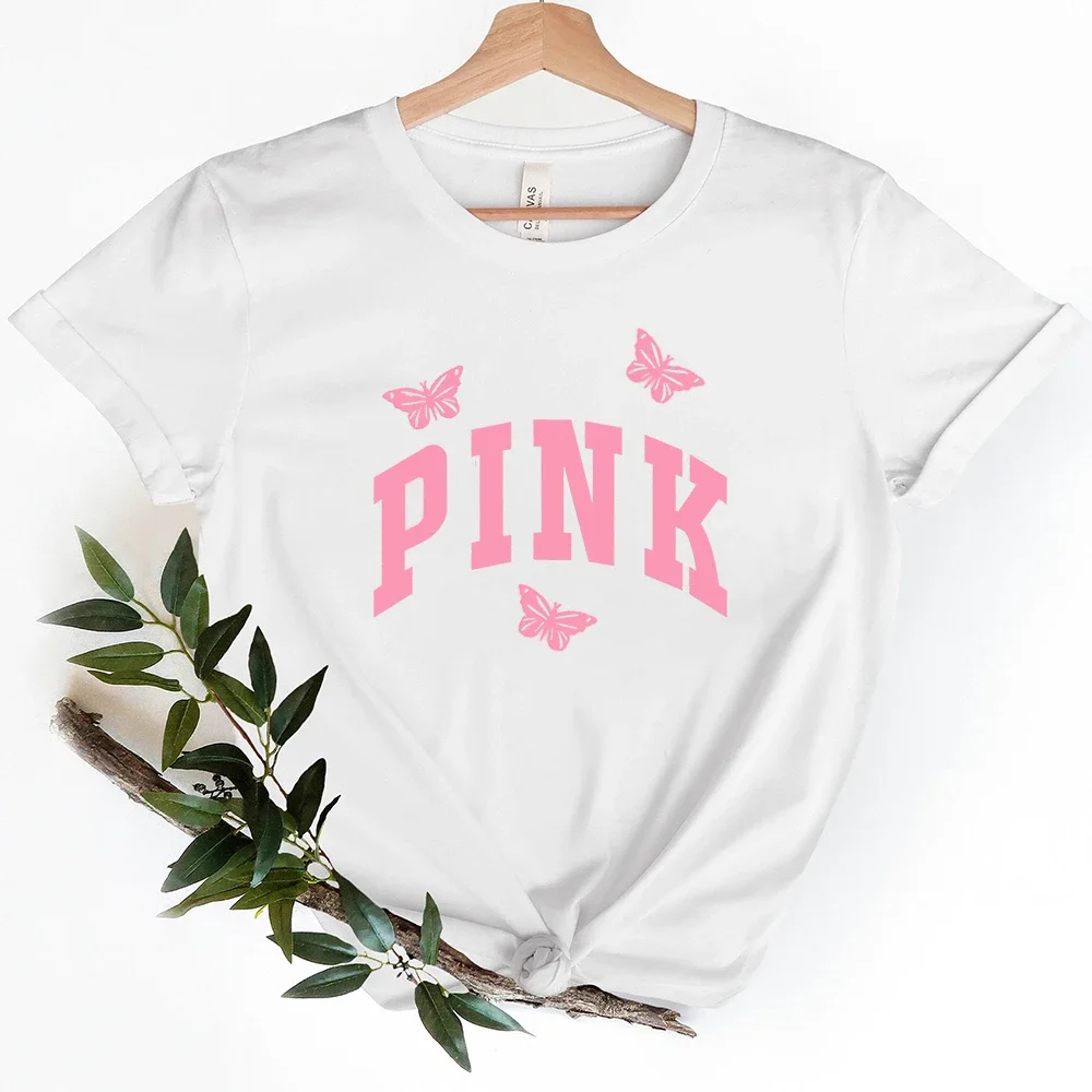 Vintage 90s Pink Print Designs T-Shirts Women Tee Shirt Big Logo Boho Female Secret Pink Color Women\'s Summer Clothes Trashy Top