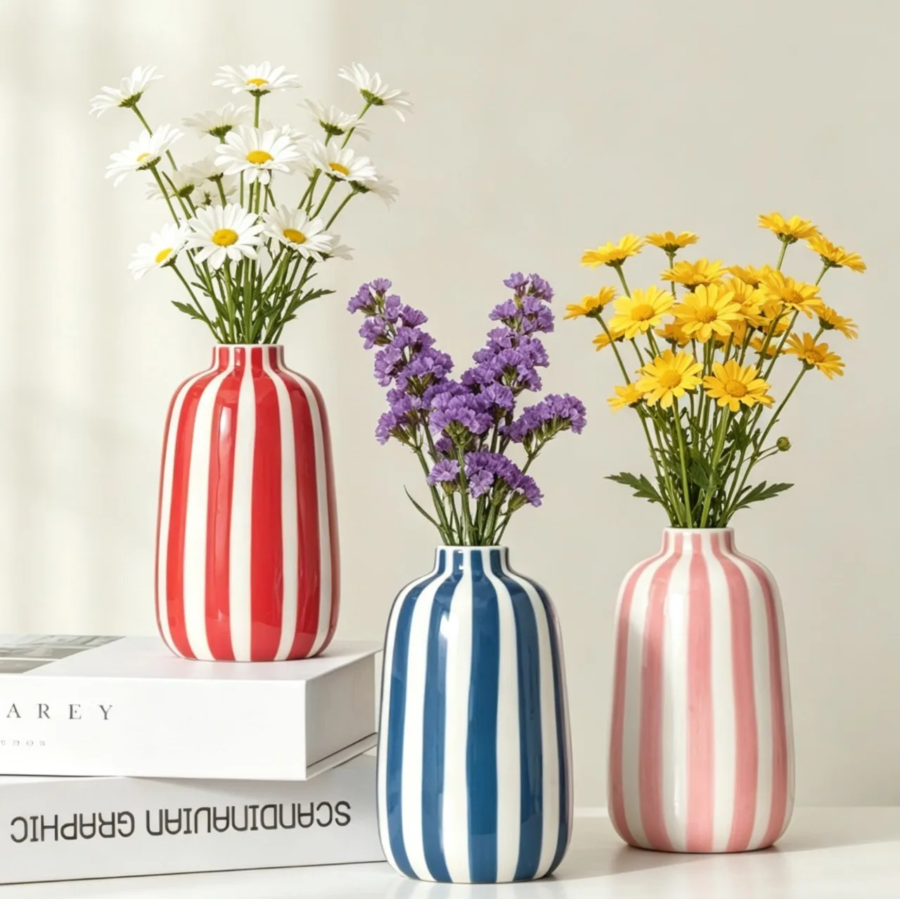 Nordic Vertical Striped Ceramic Vase Colorful Stripe Flower Container Desktop Fresh Dried Flower Home