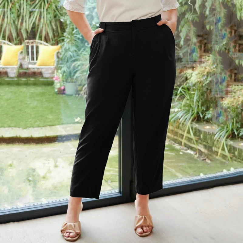 Plus Size High Waist Summer Spring Formal Straight Leg Pants Women Pockets Sides Pleated Elegant Office Ankle Pants Trousers 6XL